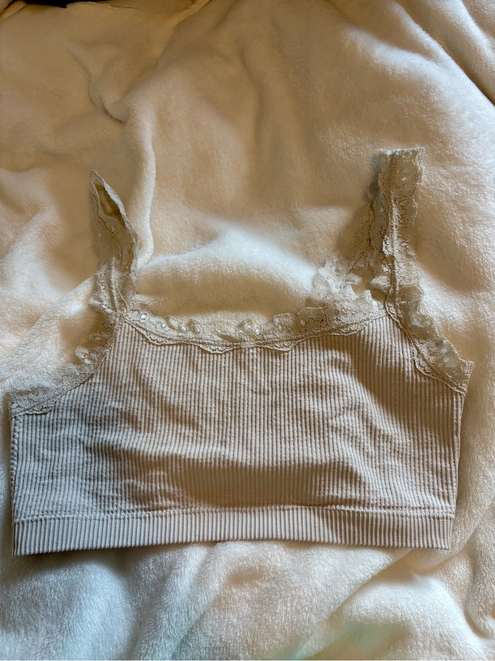 Garage Lace-Trim Ribbed top in Beige